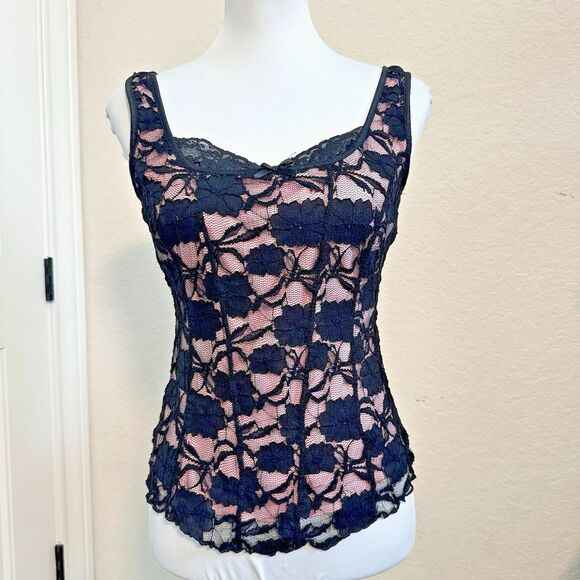 Y2k Dressbarn Black Pink Lace Tank Top Crochet Goth Corset Whimsygoth Small - Picture 1 of 6